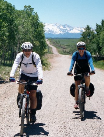 Paul and Bitsy riding towards us