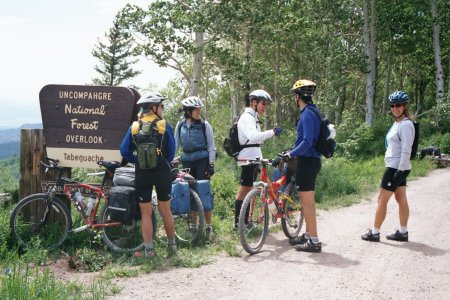 Five of us milling about in front of the sign for the Tabeguache overlook