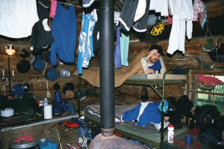 The inside of the hut we named 'shammytown', with clothes hung everywhere to dry