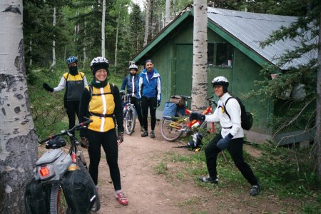 Poseurs in front of Columbine Hut in the morning of departure