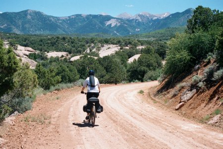 Riding down the red sandy track towards Moab.